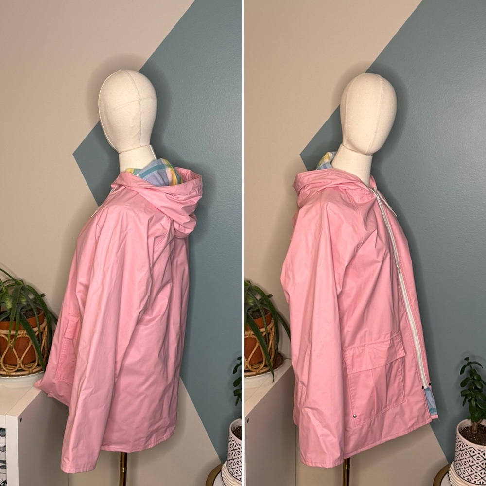 Vtg 90s Misty Harbor Pink PVC Rain Slicker Plaid Lined Hooded M Coastal Preppy - Picture 3 of 14
